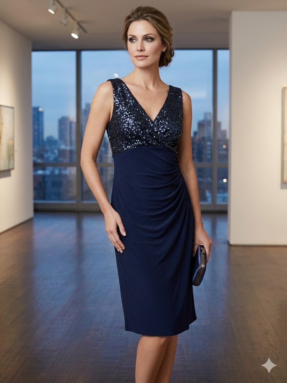 Lauren Ralph Lauren Navy Sequin V-Neck Midi Dress